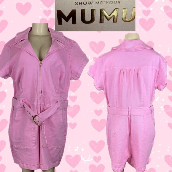Show Me Your Mumu +3X Pink Denim Stretch Zip Front Pockets Short Sleeve Romper